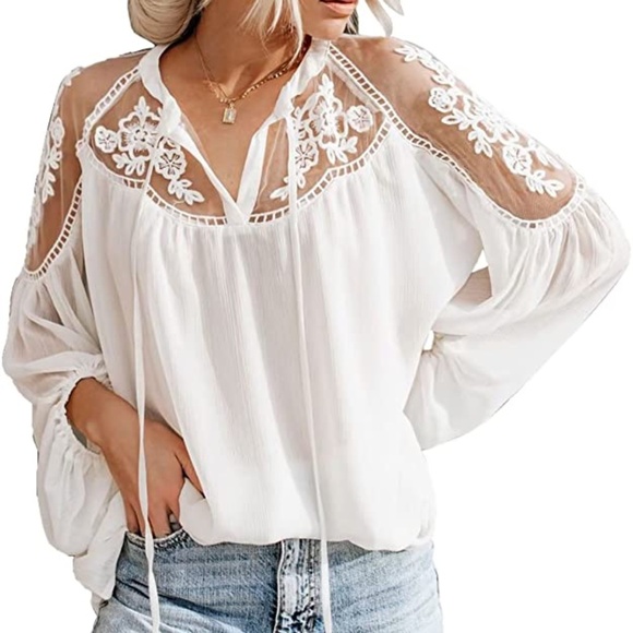 NWOT - Womens V Neck Crochet Lace Tops white Loose Puff Long Sleeve chiffon boho - Picture 1 of 6